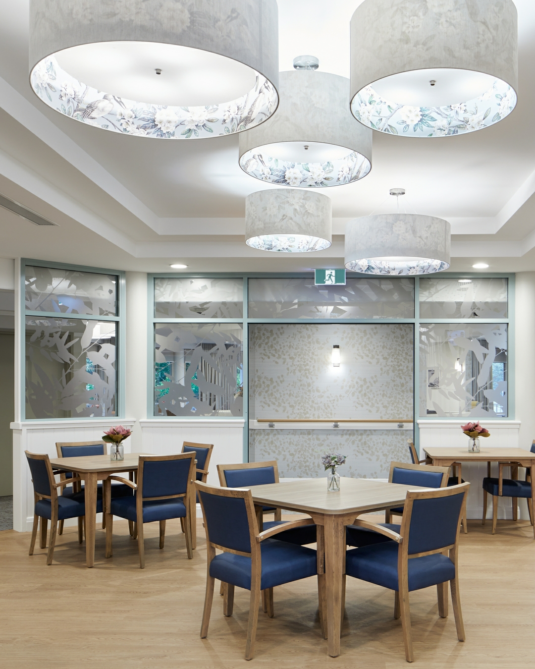Custom Drum Pendants in an aged care dining room